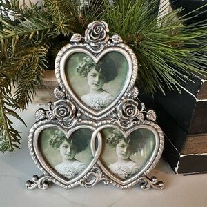 Ornate Victorian Silver Metal Floral Roses Triple Photo Frame Beautiful